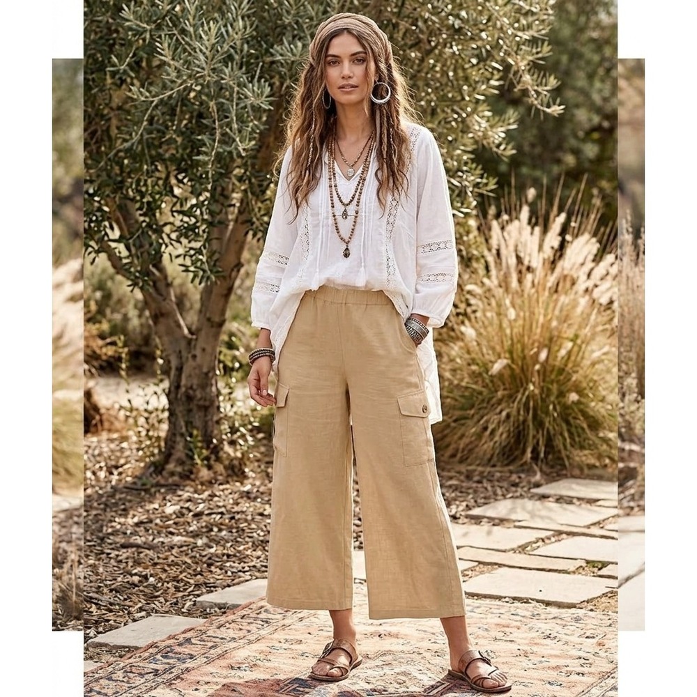 Max Studio London Womens Large Tan Cropped Wide Leg Trousers Pants Casual Boho